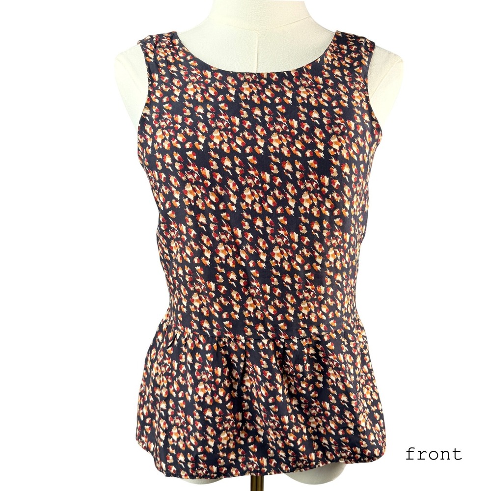 Zara Woman 100% Silk Peplum Tank Top‎ XS Twist Back Cutout Abstract Print Navy